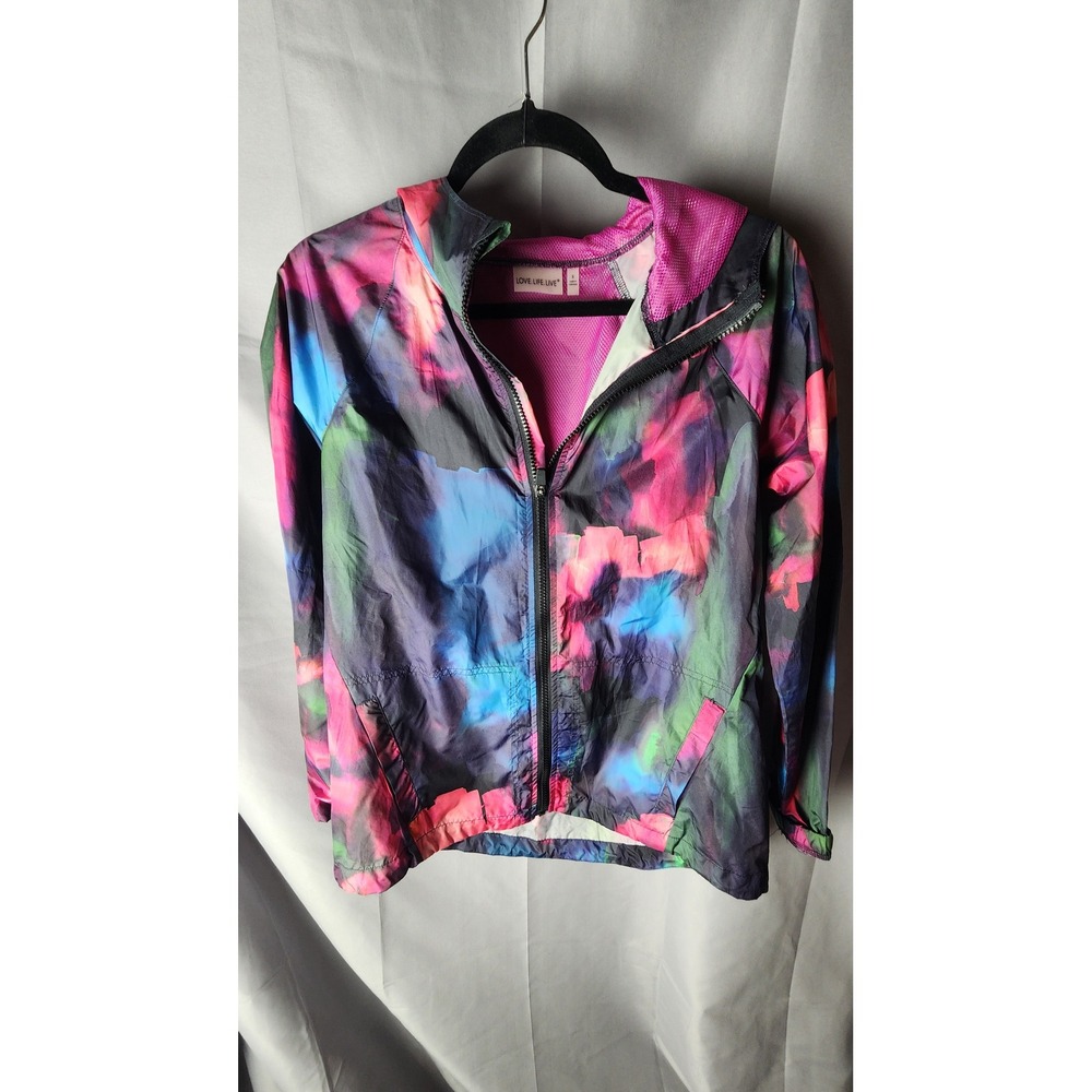 Love Life Live Womens S Abstract Watercolor Full Zip Hooded Windbreaker Dopamine